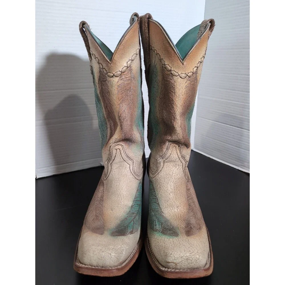 CORRAL SAND/TEAL   CRACKEL & FEATHER SQUARE TOE COWBOY BOOT MEN'S SIZE 12M EUC